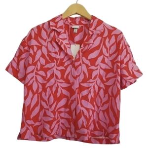 a new day Red and Pink Leaf Print Button Down Shirt